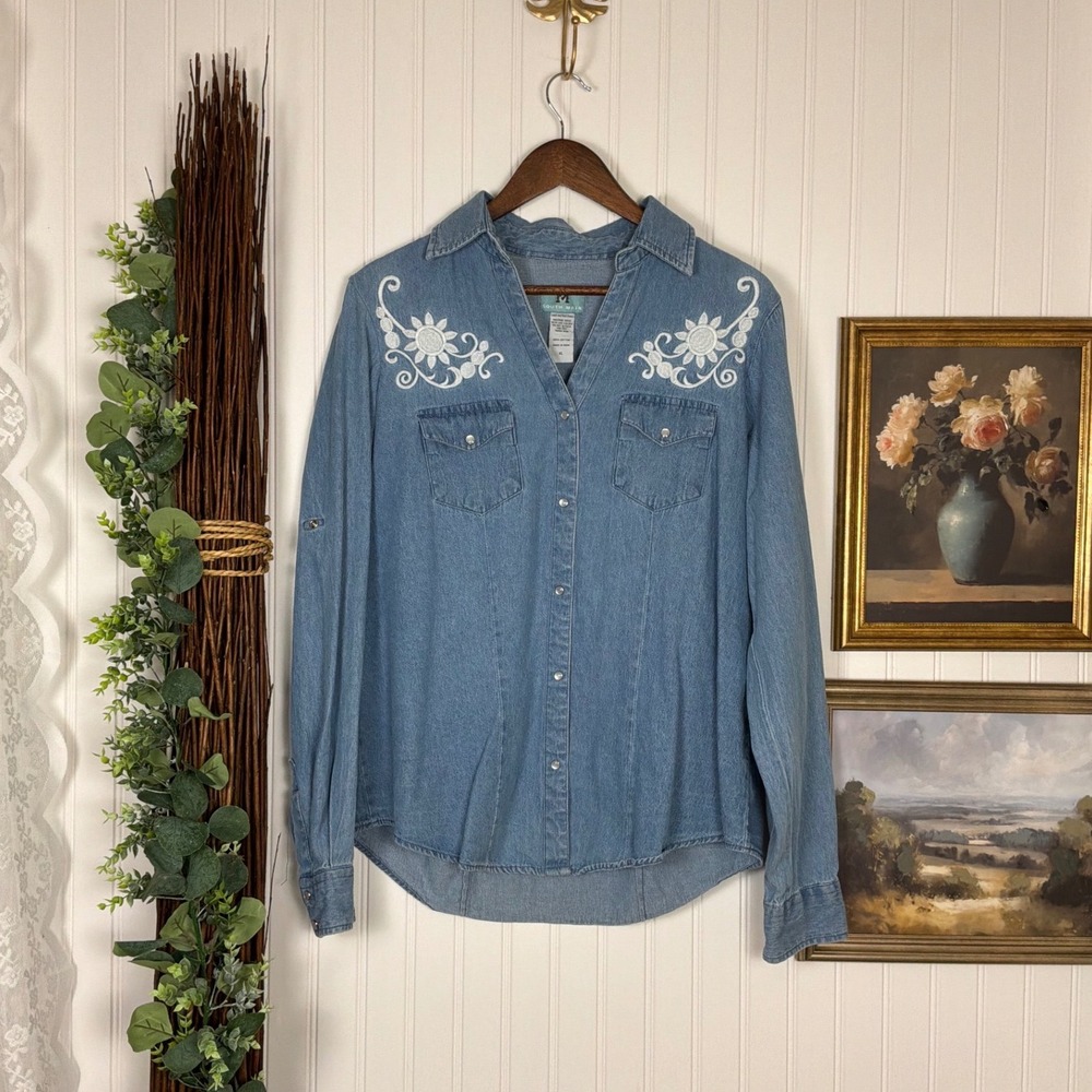 South Main Western Shirt Womens XL Blue Excellent Floral Embroidered Pearl Snap